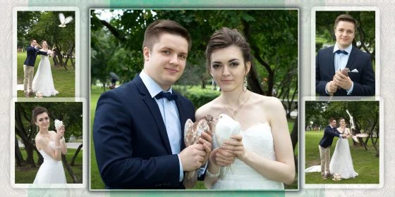 Разворот фотокниги с портретом свадебной пары